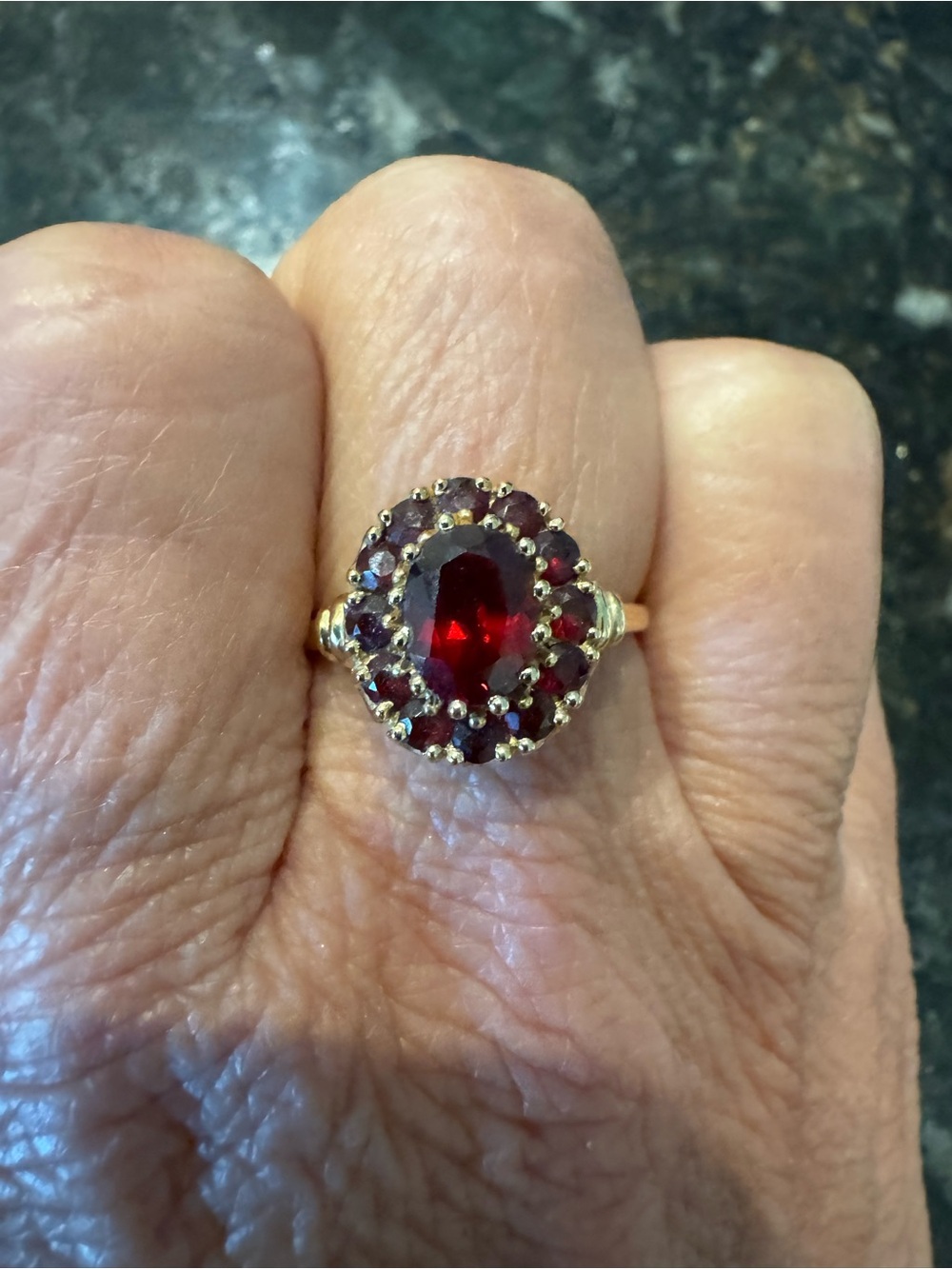 Classic Red Garnet Halo Ring in Gold Size 10